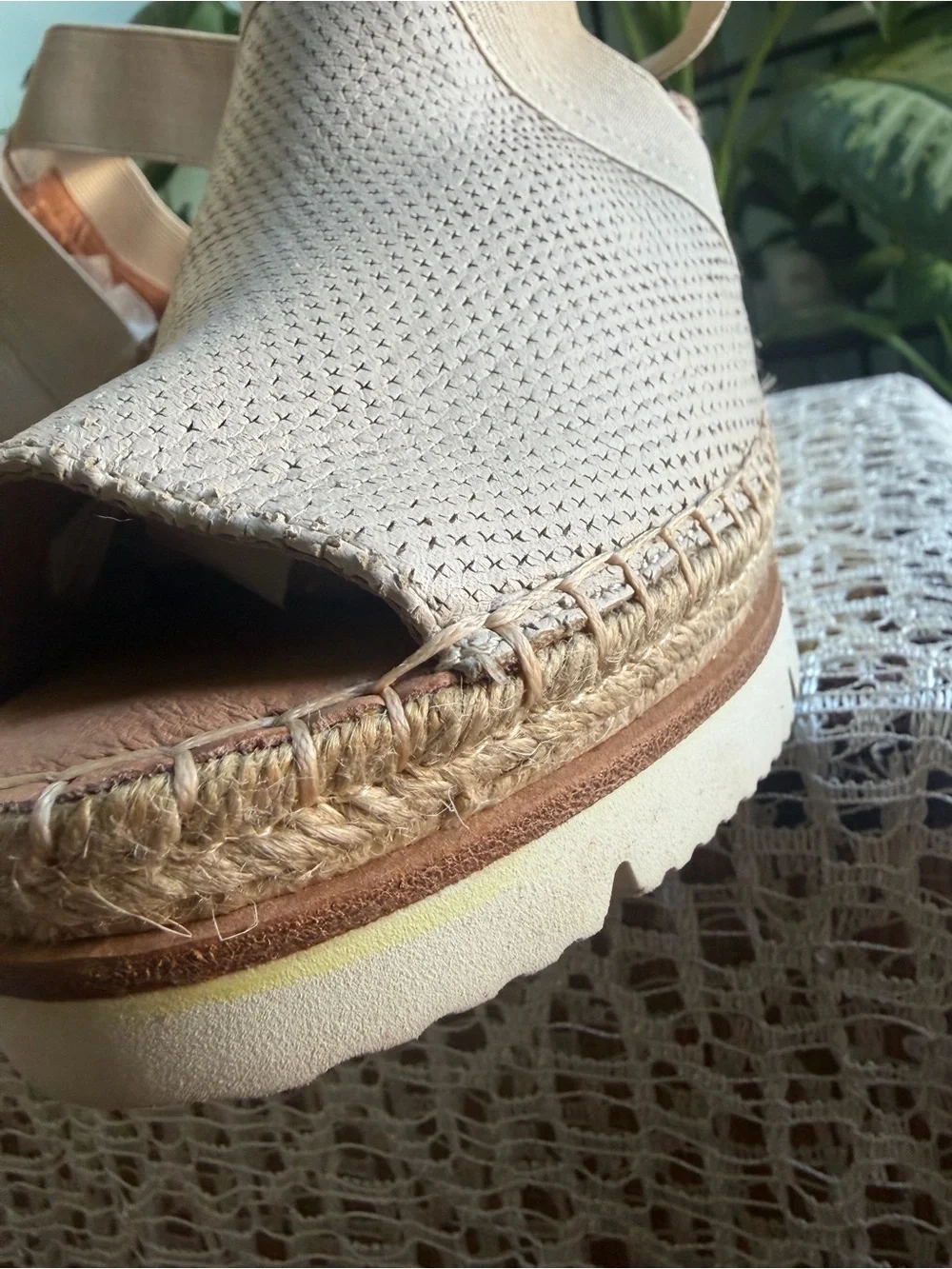 Cream Perforated Elastic Band Espadrille Wedge Sandals